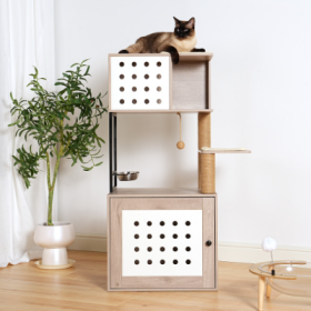 Cat Tree With Litter Box Enclosure, Allinone Cat Tower For Indoor Cats With Large Hammock, Bed, Food Station, Scratching Posts, Modern Style Pet Furni