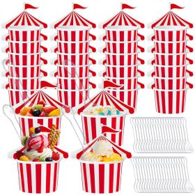 124 PCS Carnival Party Ice Cream Box Set 24 Red White Stripes Paper Cups 100 Transparent Plastic Spoons Disposable Ice Cream Bowls for Sundae Yogurt