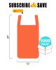 Pack of 1000 Orange T-Shirt Bags 12 x 8 x 24. Ultra Thin Carry-Out Bags 12x8x24. Thickness 0.65 mil. Opaque Shopping Grocery Bags. Handled Polyethylen
