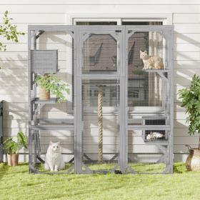 Outdoor Cat House  DIY Cat Enclosure, Cat Catio With Double Enter Doors  62.8 L X 32.2 W X68.5 H Balcony Cat Playpen With Platforms And Two Condos For (Color: Light Grey)