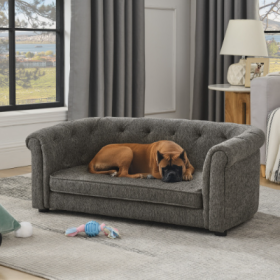 Pet Sofa With Arc-shaped Backrest And Armrests, Contemporary Rectangular Pet Sofa Crafted From Breathable Linen Cozy Soft Cushion Dog Sofa (Option: Dark Gray)