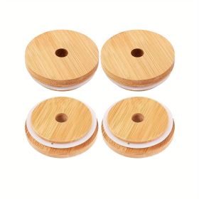 2/4pcs Bamboo Jar Lids With Straw Hole; Reusable Bamboo Jar Lids; Leak Proof Glass Canning Drinking Storage Jars; Canning Lids With Silicone Ring (Quantity: 4pcs)