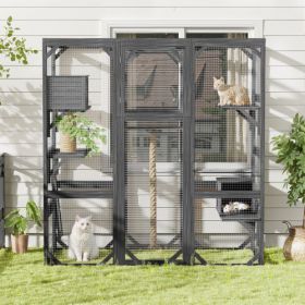 Outdoor Cat House  DIY Cat Enclosure, Cat Catio With Double Enter Doors  62.8 L X 32.2 W X68.5 H Balcony Cat Playpen With Platforms And Two Condos For (Color: DARK GREY)